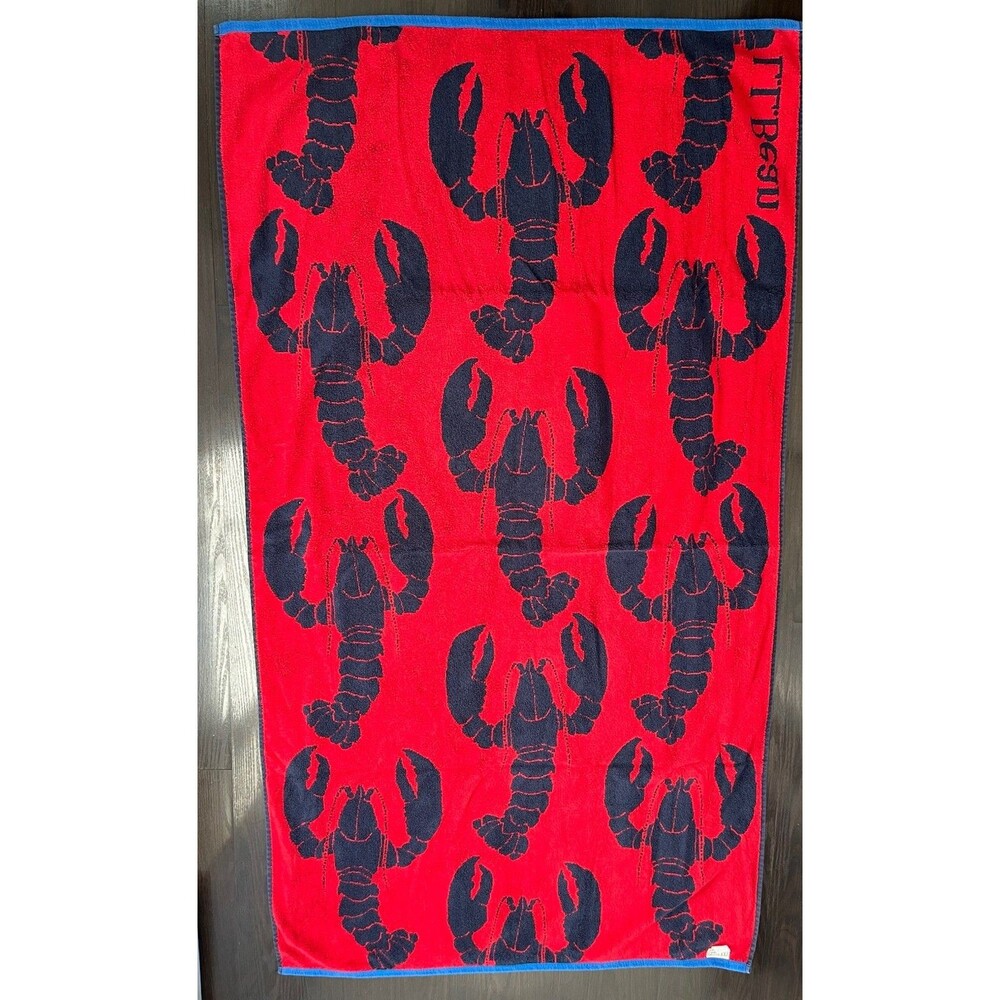 LL Bean Seaside Beach Towel Bath Pool Towel 35x68 Lobster Blue/Red Ocean Large - Picture 6 of 11